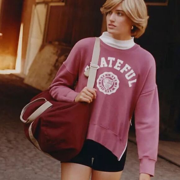 Anthropologie Sundry Varsity Grateful Sweatshirt Mauve Pink - Picture 8 of 11